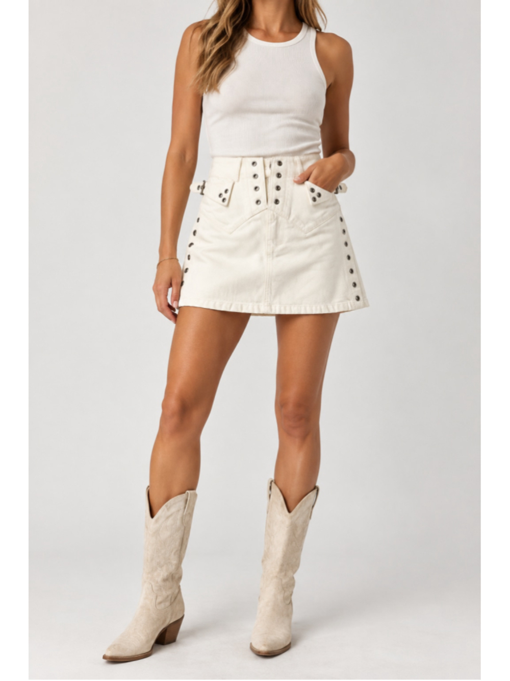 Re/Done Denim women’s Vintage white skirt sz 24 studs 90’s YTK Festival biker
